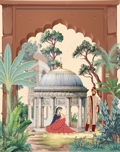Traditional Mughal style illustration, Mughal Garden Wallpaper, Mughal Arch, Dome.
