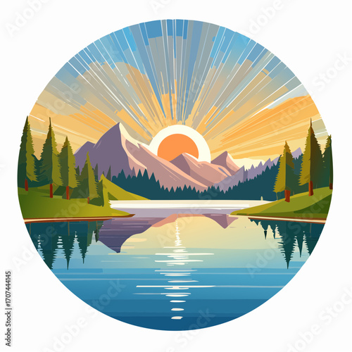 Mountain lake at dawn, morning light and sun, minimalist landscape, vector illustration