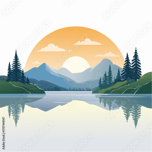 Mountain lake at dawn, morning light and sun, minimalist landscape, vector illustration