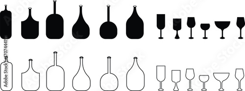 Wine bottle and glass icon set collection group in black flat and line style, alcohol beverage liquor drink pack, bar pub celebration symbol bundle, silhouette outline illustration, isolated on transp