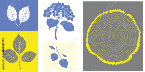Decorative Leaf Silhouettes with Wood Block Printed Tree Rings in Fluorescent Yellow and Gray. Abstract Botanical Art for Contemporary Interior Wall or Digital Graphic Projects
