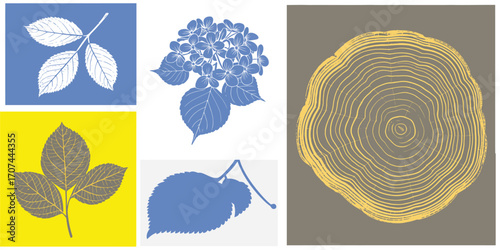 Decorative Leaf Silhouettes with Wood Block Printed Tree Rings in Fluorescent Yellow and Gray. Abstract Botanical Art for Contemporary Interior Wall or Digital Graphic Projects