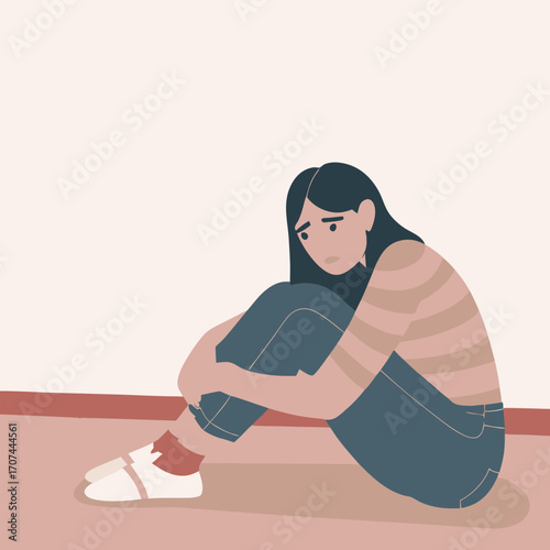 Illustration Of A Depressed Young Woman Sitting On The Floor With A Concerned Expression Representing Mental Health Challenges
