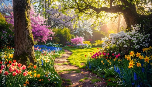 Wallpaper Mural Vibrant spring garden path bathed in sunlight Torontodigital.ca