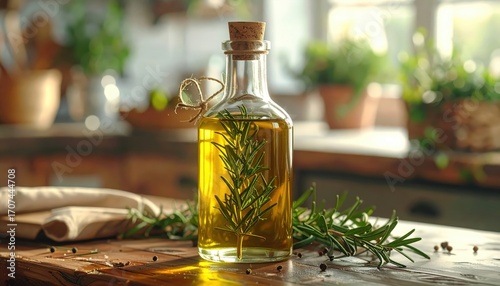 A glass bottle of golden olive oil, infused with fresh rosemary sprigs, sits on a rustic wooden surface, bathed in natural light.