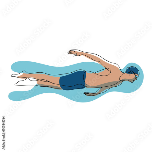 Continuous Simple black line art drawing of a Swimming in a minimalist style on a white background.
