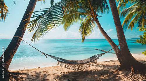 tropical beach with turquoise water, palm trees, hammock between trees, cinematic 16:9