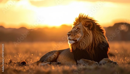 Majestic lion basks in the golden hour light of the savanna, showcasing the beauty of wildlife in its natural habitat.