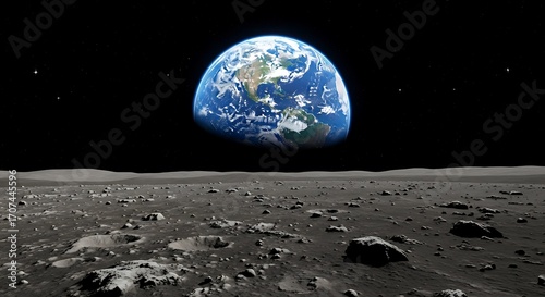 Stunning Earthrise over the Moons desolate surface from the vastness of space.