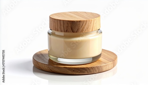 A glass jar of light beige cream sits atop a round wooden coaster, highlighting natural textures and simple elegance.