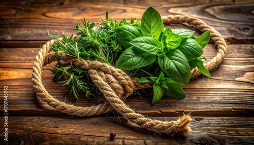 Fresh herbs tied with rustic rope on a dark wooden surface.