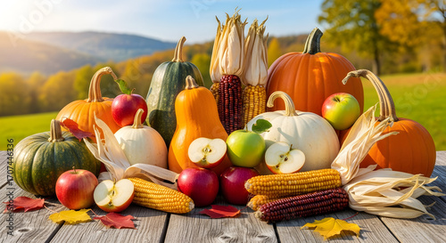 Autumn harvest bounty: Pumpkins corn and apples on a rustic wooden table offering seasonal
