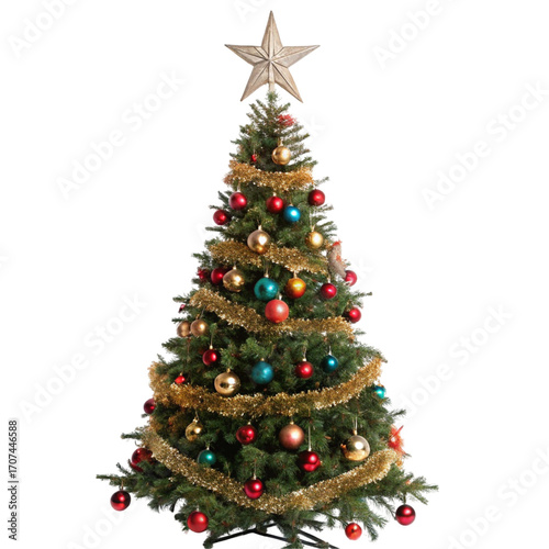 Decorated Christmas tree with star on top isolated on white background  
