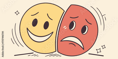A graphic design featuring a single face split down the middle, with one half smiling and the other frowning, highlighting the duality of our feelings.