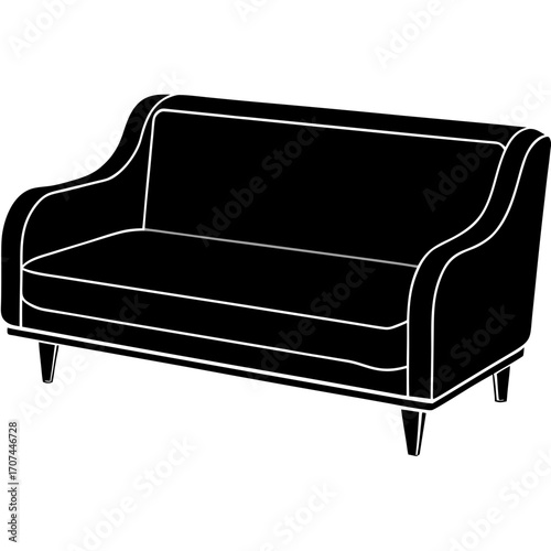 Classic black silhouette of a two seater sofa with curved arms isolated on white background