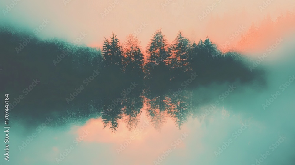 Fototapeta premium Misty lake sunrise, trees mirrored in tranquil water