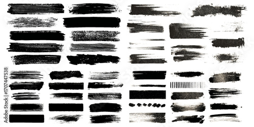 Grunge brush collection with bold ink strokes, textured splatters, distressed edges, rough artistic marks, versatile design elements for creative projects.