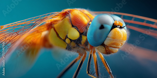 Ultra-detailed close-up side view of a Dragonfly head with a massive blue compound eye and vibrant orange-yellow body expressing vigilance and aquatic life