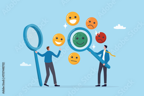 Sentiment analysis, user review, emotion feedback or employee survey result, feeling or impression on product and service, rating or perception concept, businessman analyze user feedback emotion.