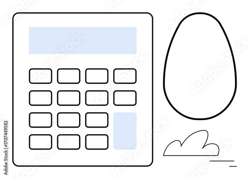 Simple calculator, egg outline, and small decorative shapes. Ideal for finance, savings, budgeting, investment, calculation, fiscal management simple landing page