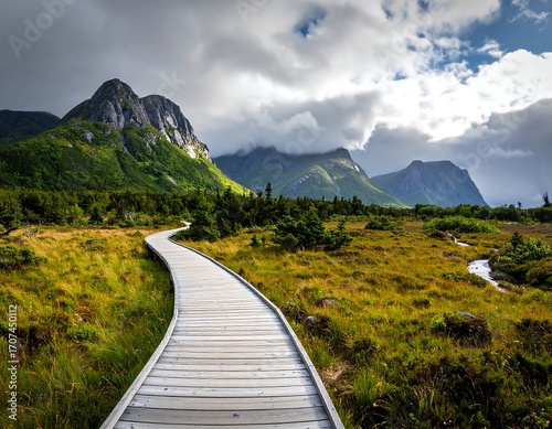 Wallpaper Mural Winding boardwalk through a lush mountain landscape Torontodigital.ca