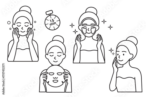 Line art vector illustration of woman skincare routine with sheet mask, cleansing, and eye patches. Minimal outline style, perfect for beauty, spa, wellness, and cosmetic product design projects.