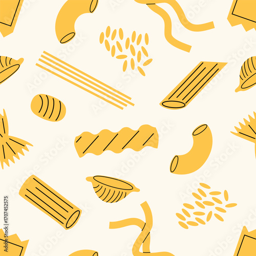 Pasta seamless pattern. Vector background with italian noodle, fusilli, macaroni, ravioli, spaghetti. Food flat illustration.