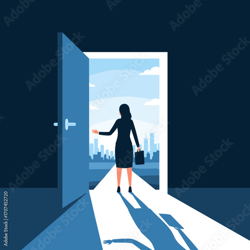 Businesswoman walking through an open door towards a bright future cityscape representing new opportunities and career advancement