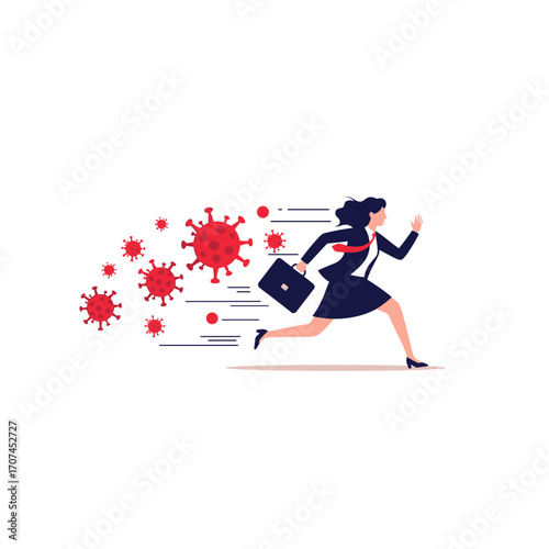 Illustrating the concept of a businesswoman running away from the virus in a fast motion representation