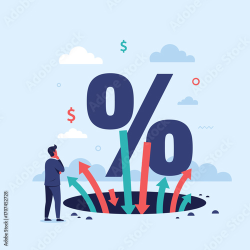 Understanding and Navigating the Complex World of Financial Percentages and Interest Rates with Arrows Pointing Up and Down from a Hole and a Person Looking at It