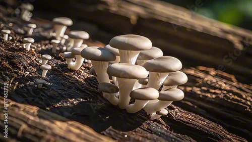 Dramatic timelapse of mushrooms growing on a log in forest reveals natures beauty