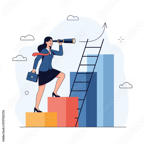 Young ambitious businesswoman climbing career ladder with telescope looking for future success opportunities