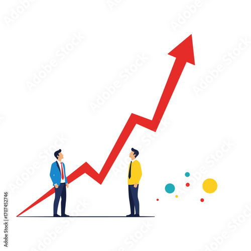 Two business professionals observe a dramatic upward trending financial growth arrow symbolizing economic progress and successful investment strategies