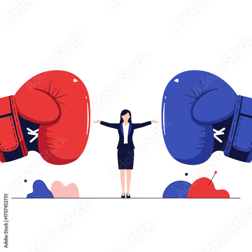 Businesswoman standing in between two giant boxing gloves representing a conflict or competition