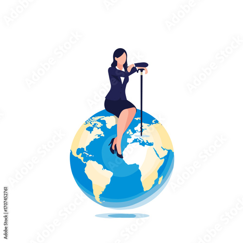 Woman Entrepreneur Sitting on the Globe Holding a Cane Symbolizing Global Business Leadership and Success