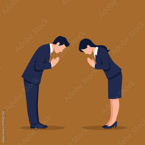 Business Professionals Showing Respect Through Traditional Bowing Gestures in an Office Setting Demonstrating Cultural Etiquette