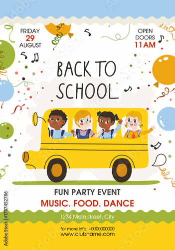 Back to School banner template with kids and yellow school bus. Colored illustration for 1st of September.
