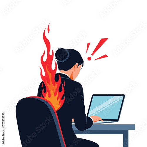 Overwhelmed Businesswoman Faces Intense Pressure While Working Late on Computer Under Burning Stress