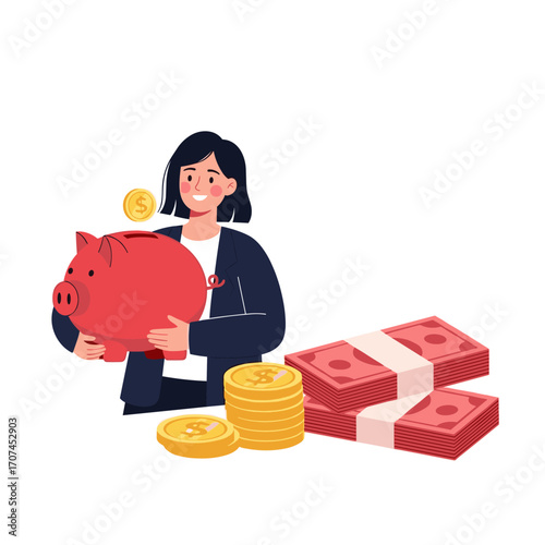 A Woman Carefully Saving Money in a Piggy Bank Surrounded by Coins and Bills