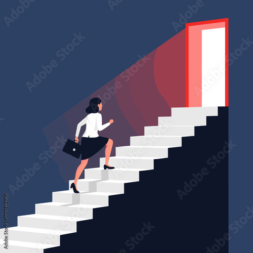 A determined woman ascends a staircase towards a glowing open doorway symbolizing opportunity and success in her career journey