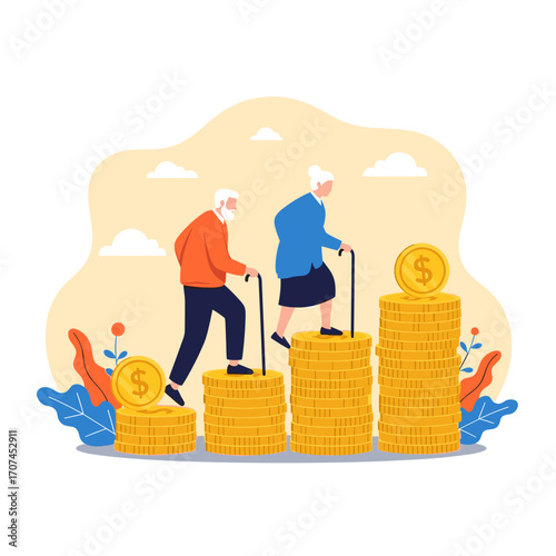 Elderly Couple Climbing Stairs Made of Golden Coins Symbolizing Financial Growth and Retirement Savings