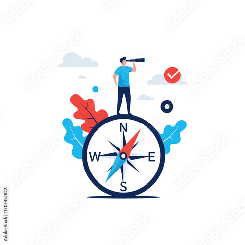 Man with spyglass on compass looking for direction and opportunities illustration concept