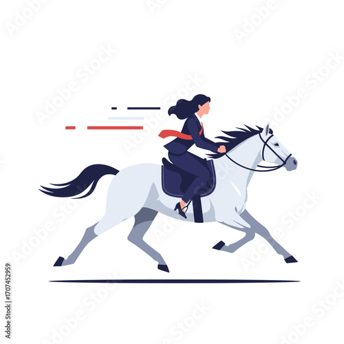 Woman in Suit Riding White Horse at Full Gallop Speed Motion Symbolizing Professional Success and Determination