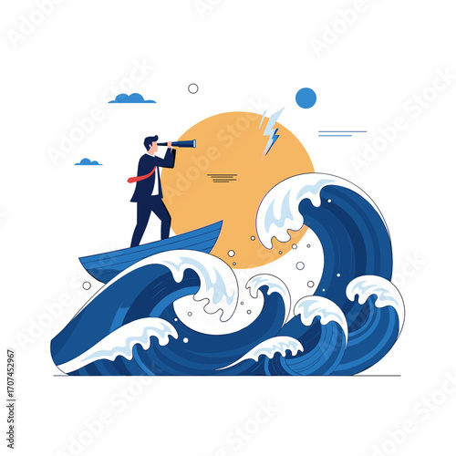 Businessman navigating turbulent waters with a spyglass seeking future opportunities