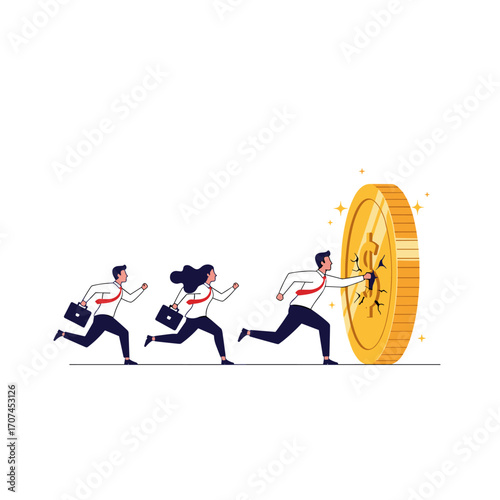 Business People Chasing a Giant Golden Coin Symbolizing Financial Success and Wealth Accumulation