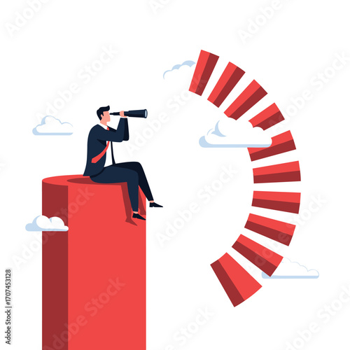 Businessman Looking Through Telescope Towards A Staircase Leading To The Sky For Future Success and Growth Opportunities