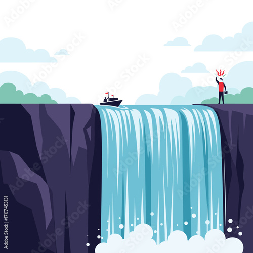 Man Standing on Edge of Waterfall Watching Ship Sail Over Cliff in Concept of Danger and Risk