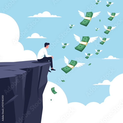 Man Watches Money Flying Away From Cliff Edge Symbolizing Financial Loss and Anxiety