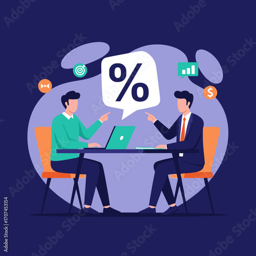 Two Businessmen Discussing Percentages and Financial Growth Opportunities Around a Table