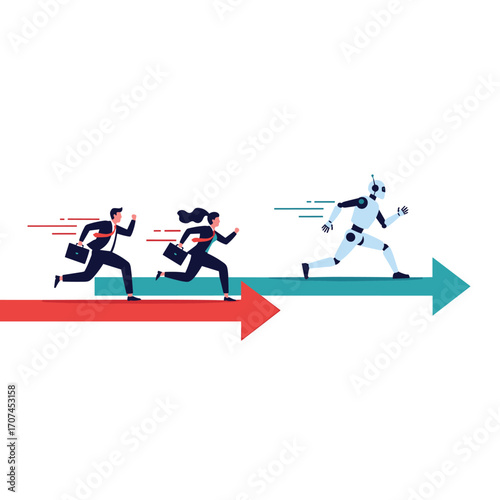 Business professionals and a robot racing ahead on arrows symbolizing progress and competition